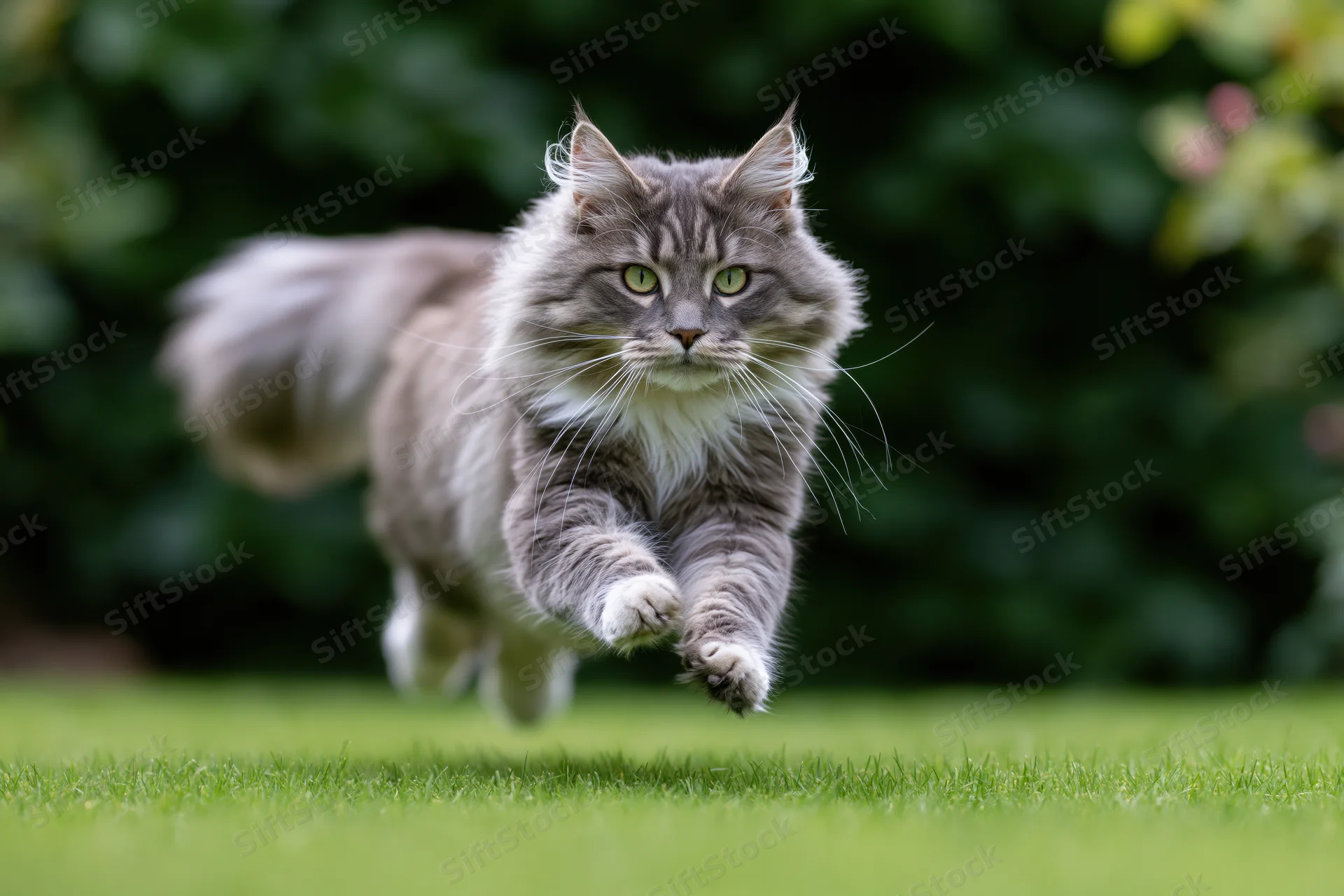 Longhaired grey tabby cat running mid-sprint across green lawn outdoors