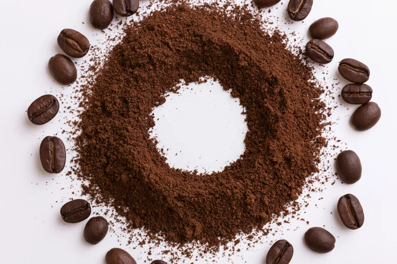 Ground coffee arranged in a circular ring with whole beans on white background