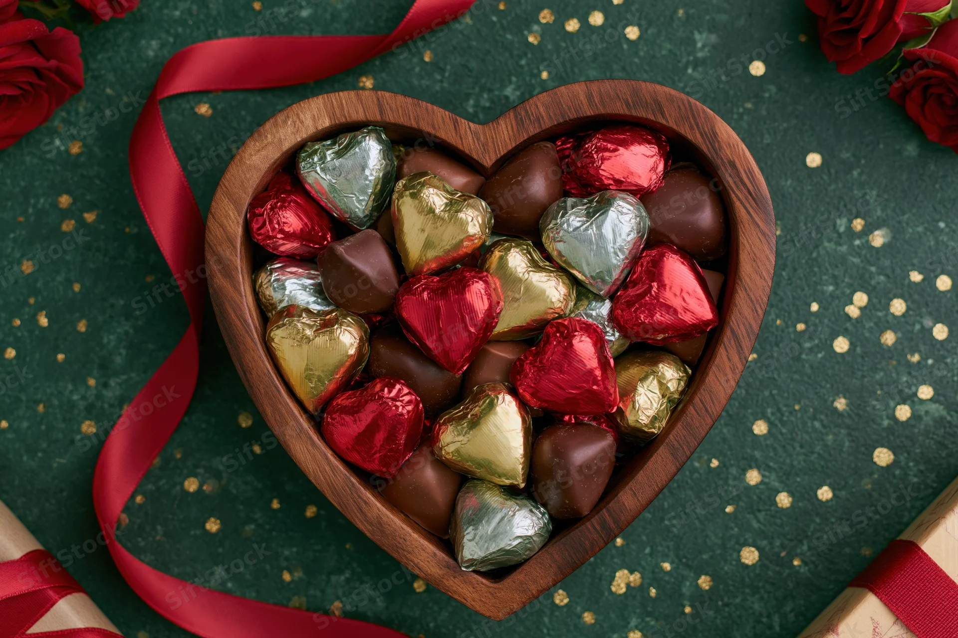 Heart-shaped wooden box filled with foil-wrapped chocolates and red roses on a dark green surface with gold speckles