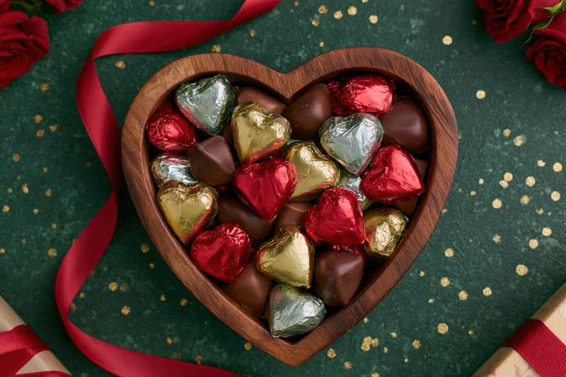 Heart-shaped wooden box filled with foil-wrapped chocolates and red roses on a dark green surface with gold speckles