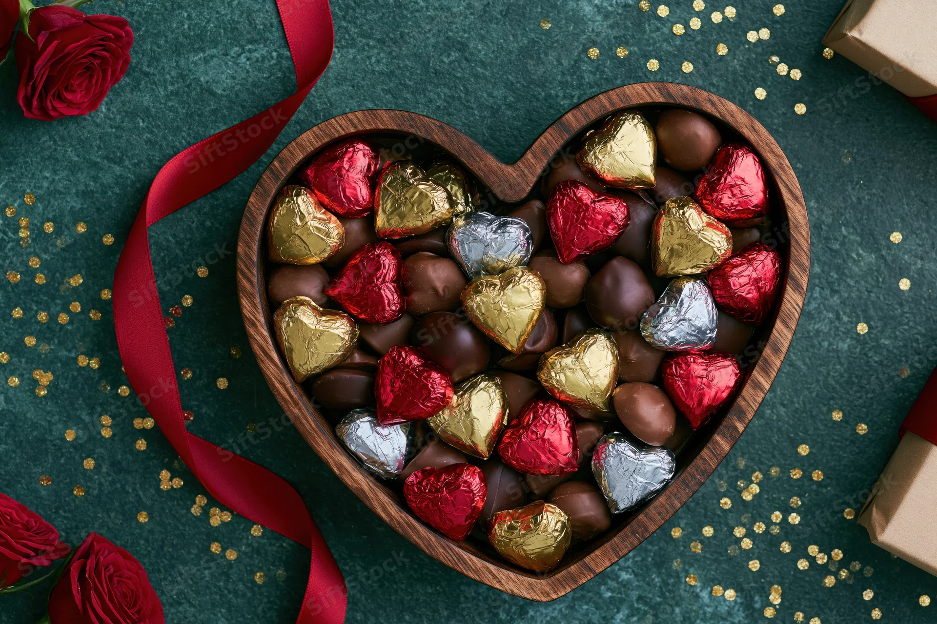 Heart-shaped wooden box filled with assorted foil-wrapped chocolates on dark green surface with roses and ribbon