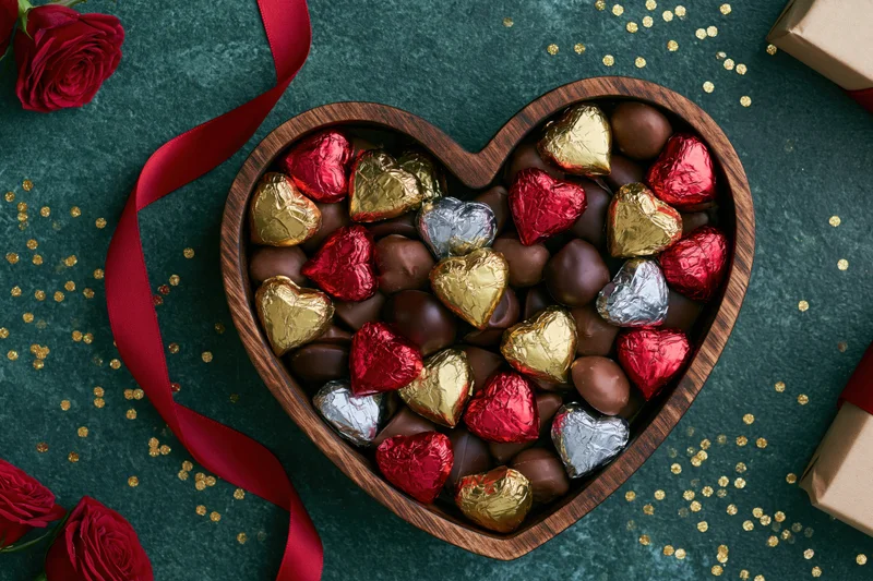 Heart-shaped wooden box filled with assorted foil-wrapped chocolates on dark green surface with roses and ribbon