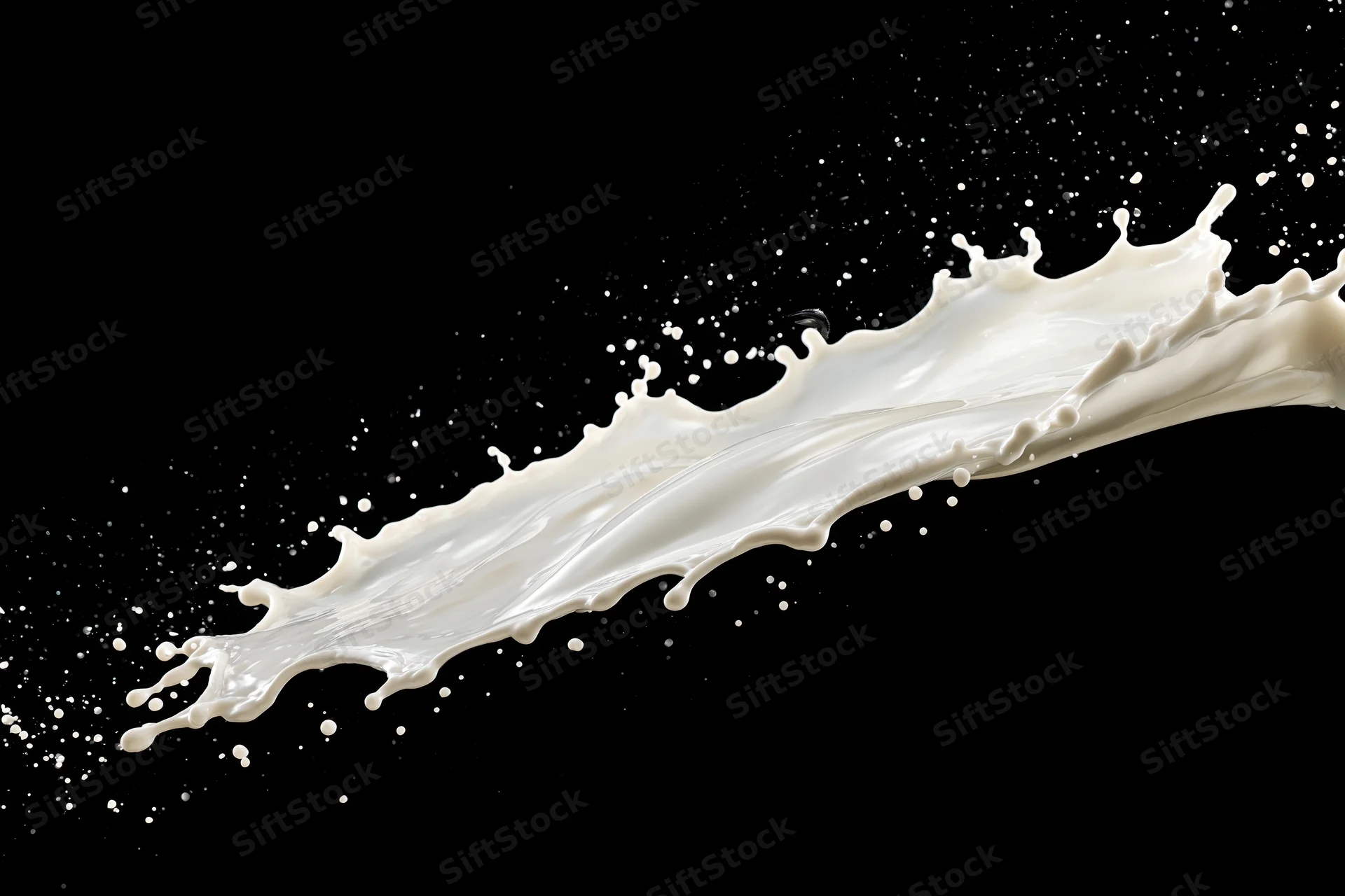 Diagonal milk splash mid-air in high-speed freeze-frame against black background