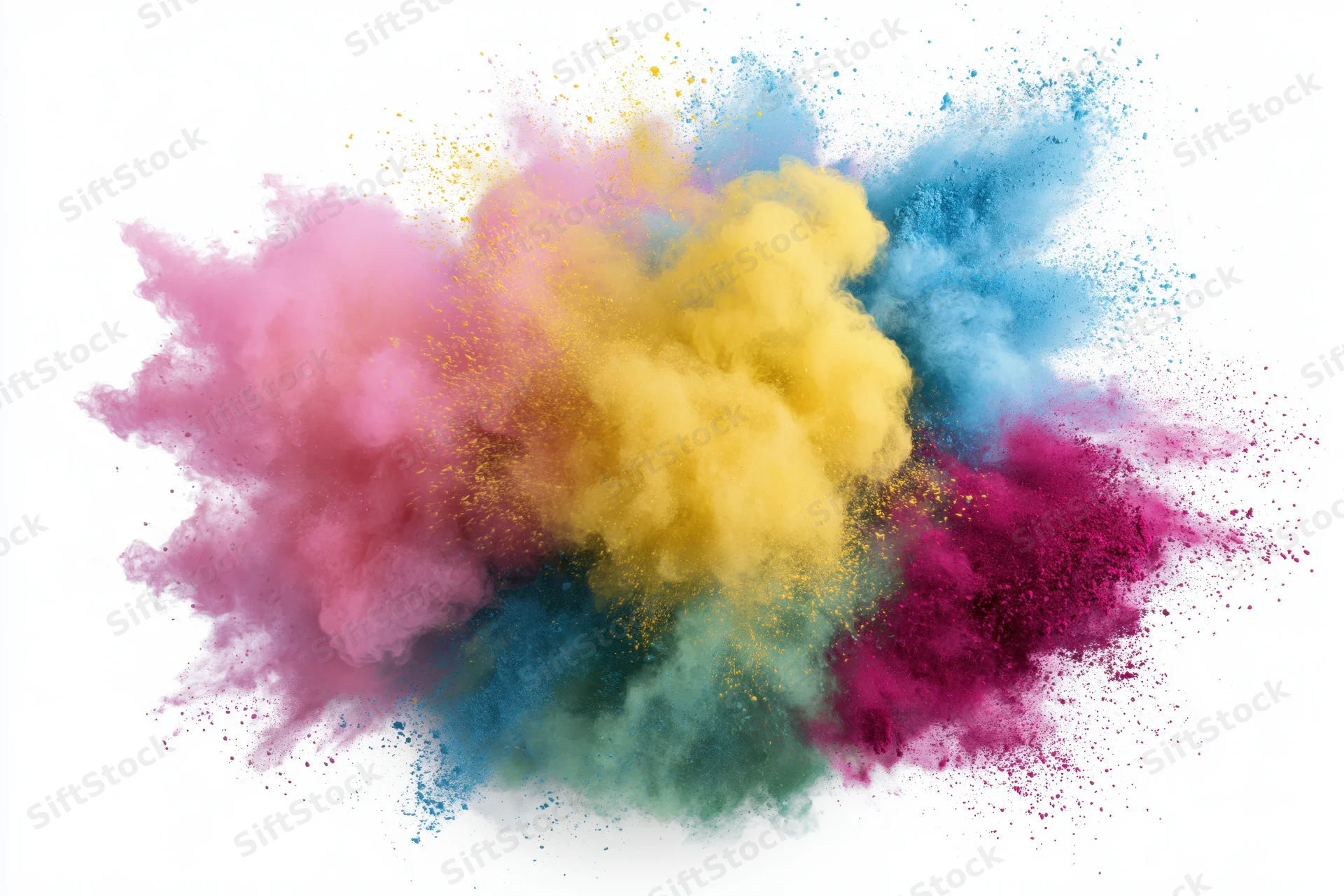 Colorful powder exploding midair against white background