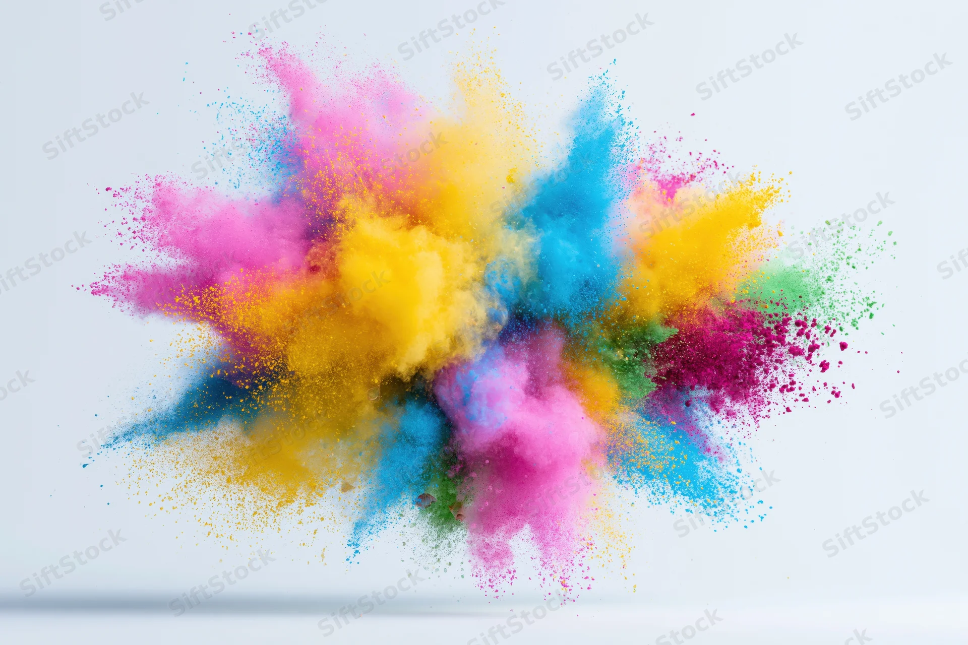 Colorful powder exploding mid-air against white background