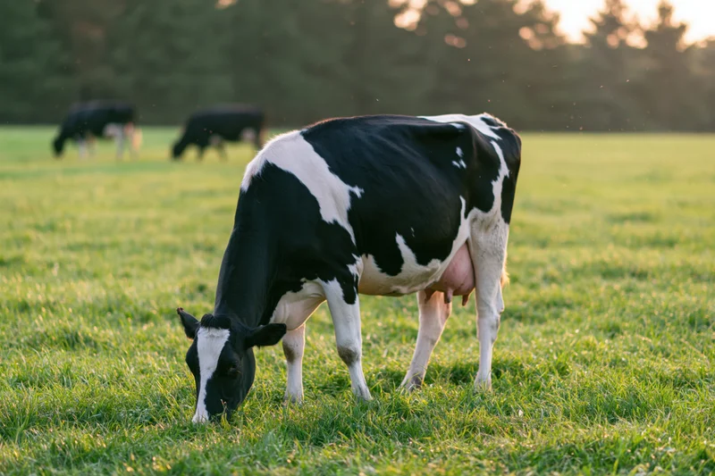 Holstein cow grazing head-down on bright green pasture