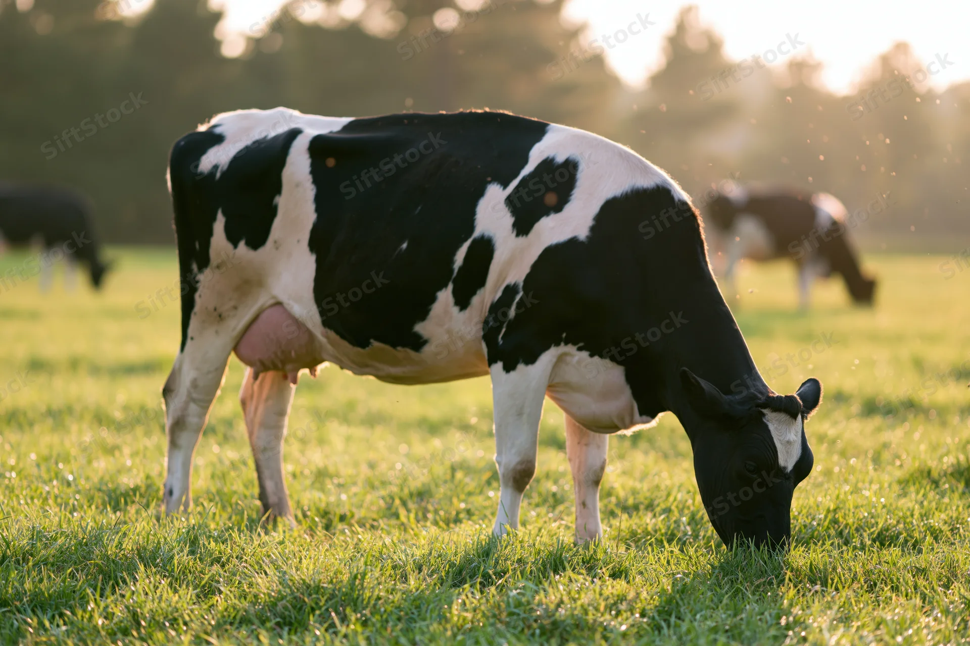 Holstein cow grazing on green pasture in golden light