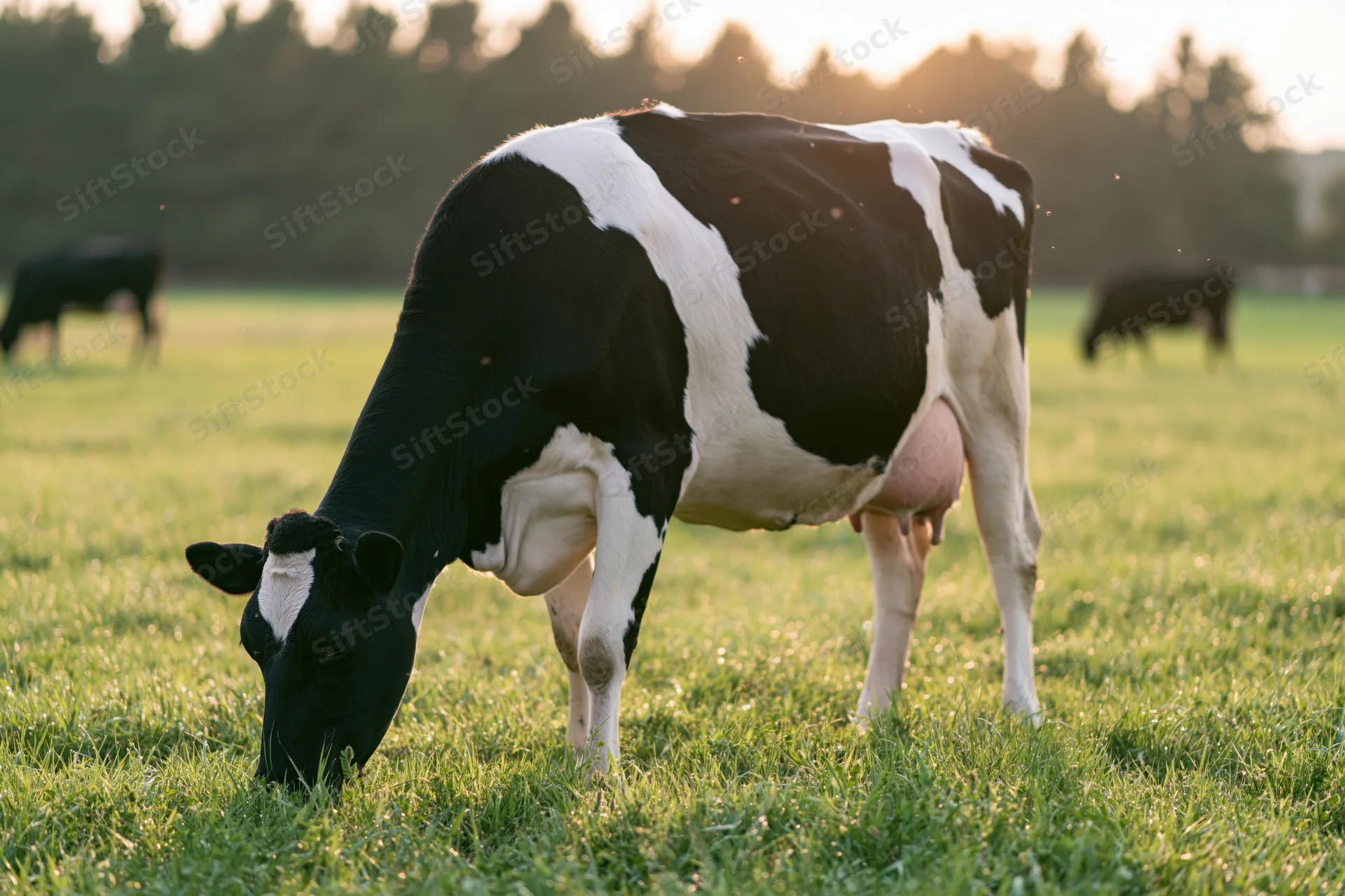 Holstein cow grazing in a green pasture at sunset