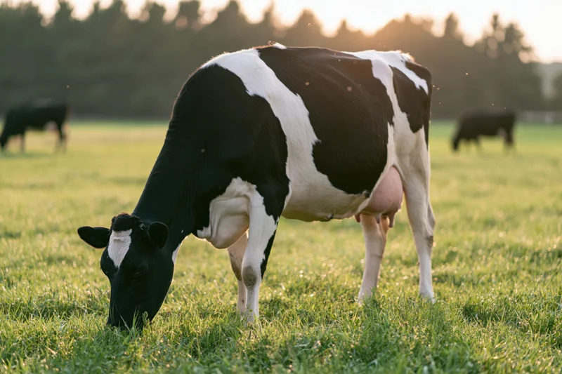 Holstein cow grazing in a green pasture at sunset