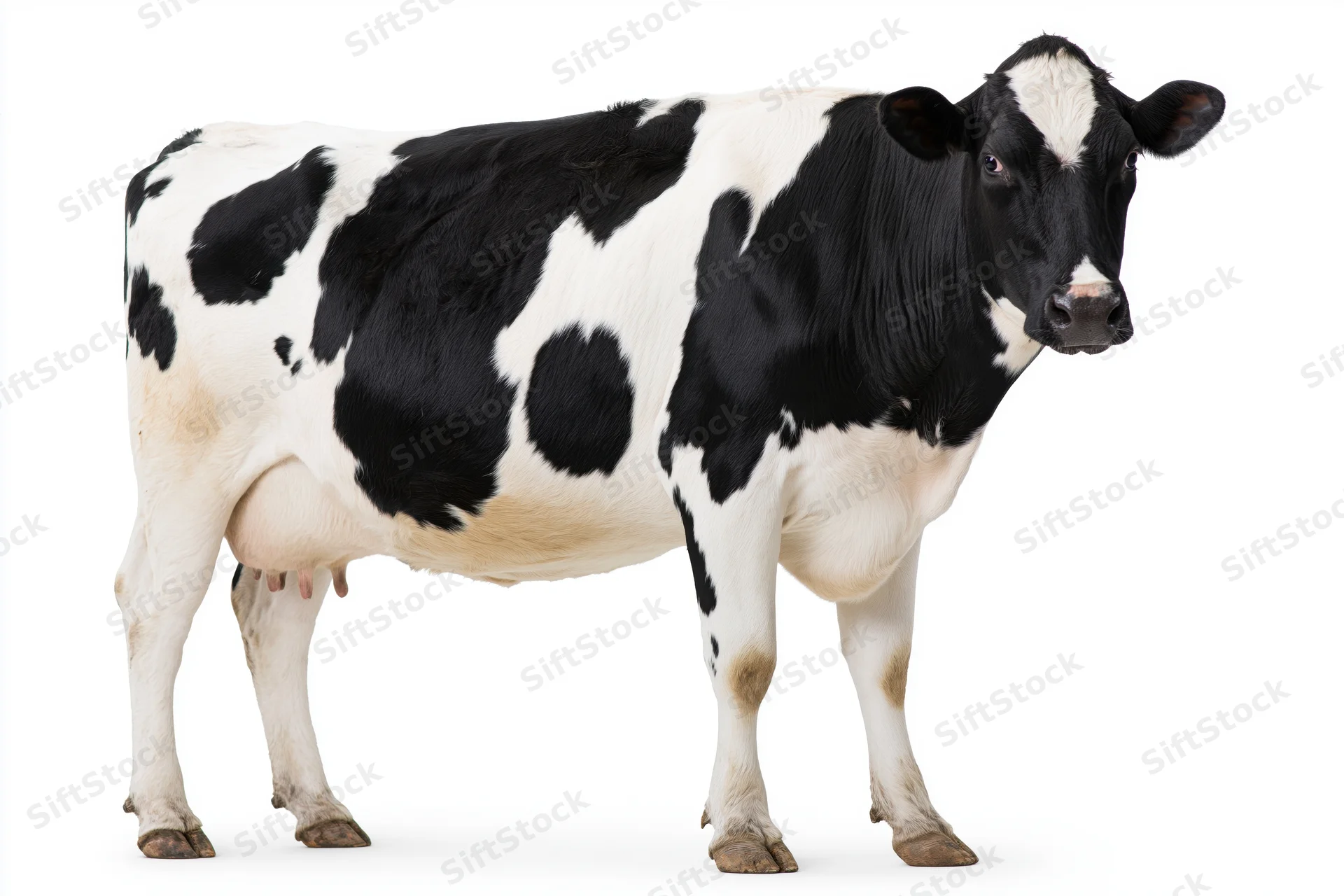 Holstein dairy cow standing in full profile view against white background