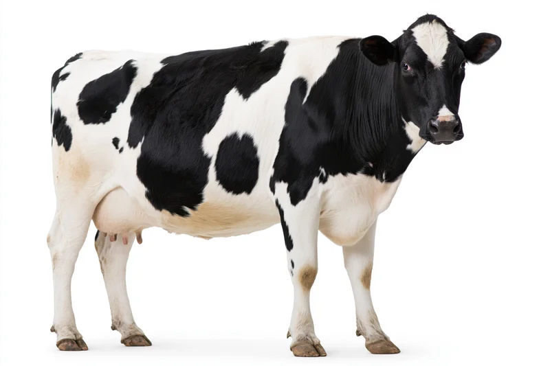 Holstein dairy cow standing in full profile view against white background