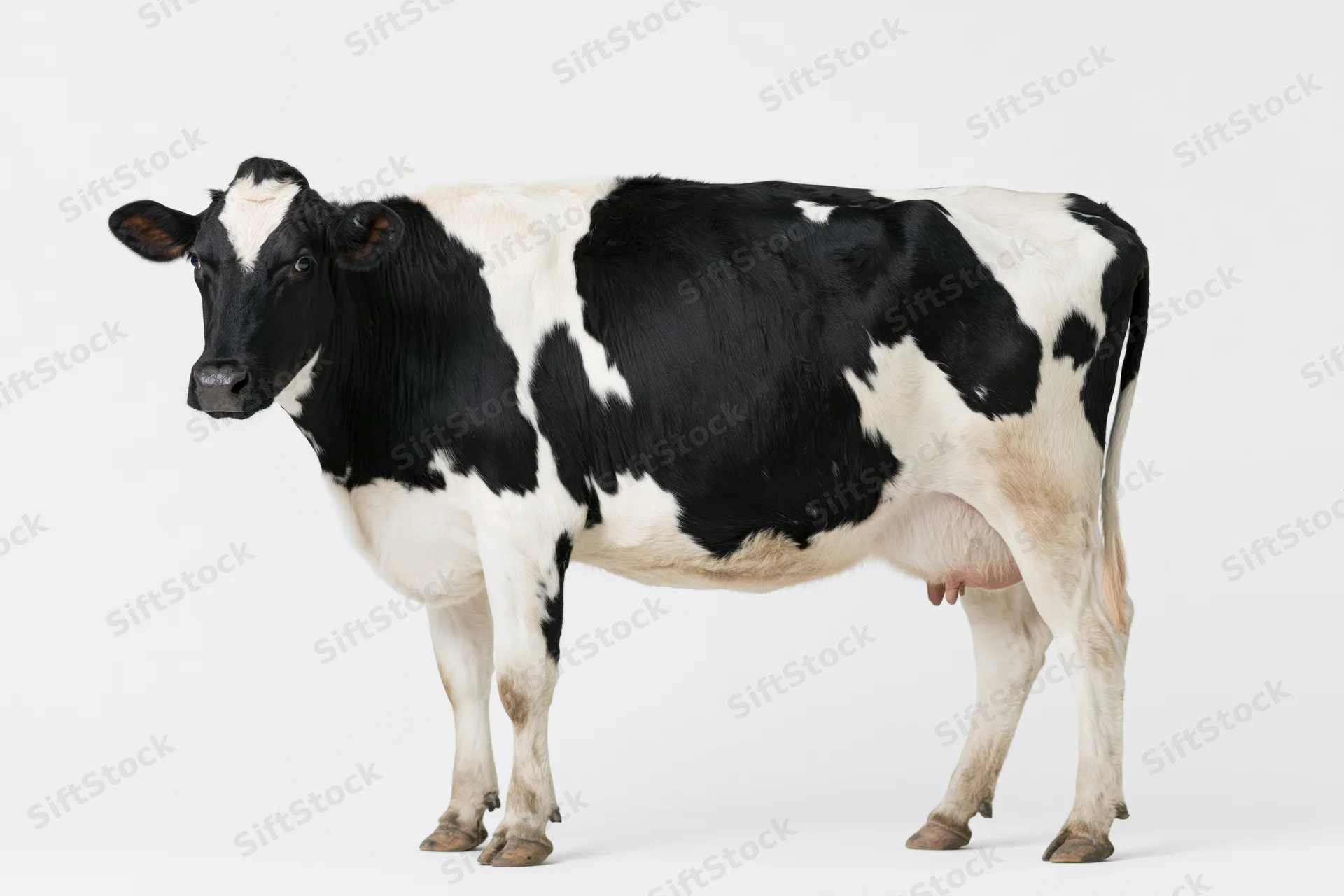Holstein dairy cow standing in full profile view against white background