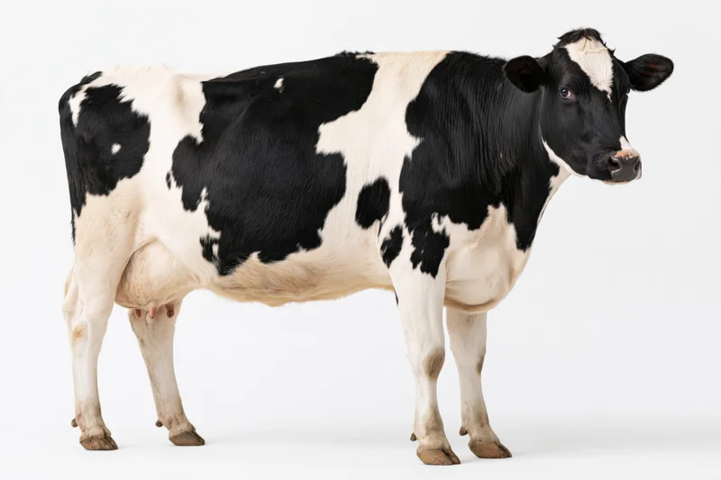 Holstein dairy cow standing in full profile against white background