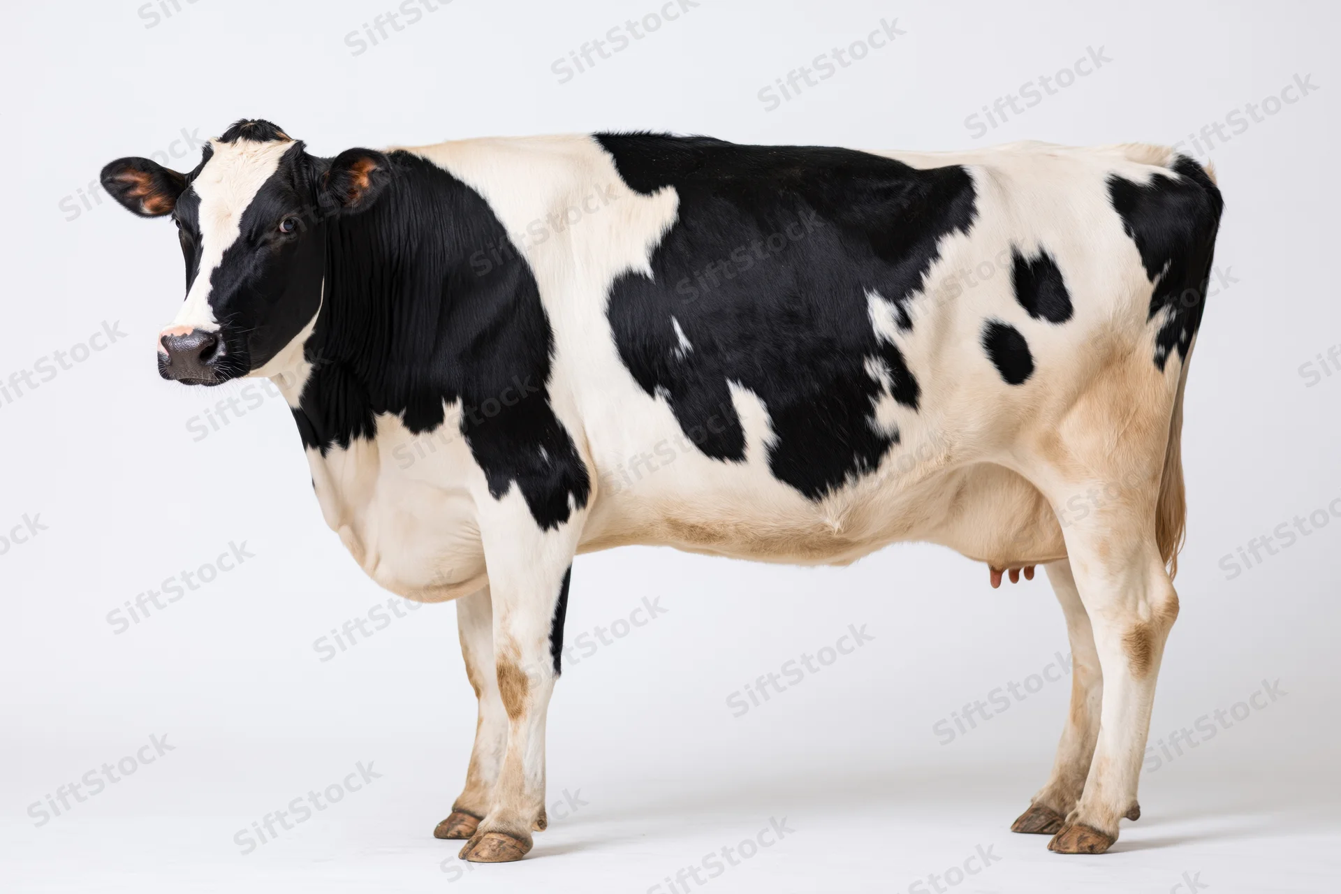 Holstein dairy cow standing in full profile view against white background