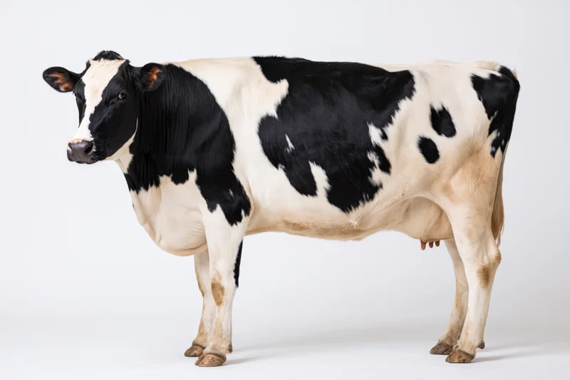 Holstein dairy cow standing in full profile view against white background