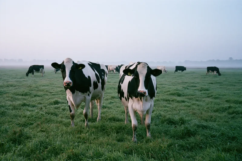 Two holstein dairy cows standing in a grassy pasture with a herd grazing in the misty distance