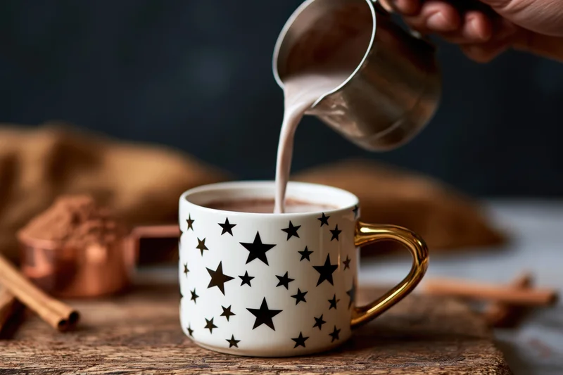 Milk being poured into a star-patterned mug of hot cocoa on a wooden table