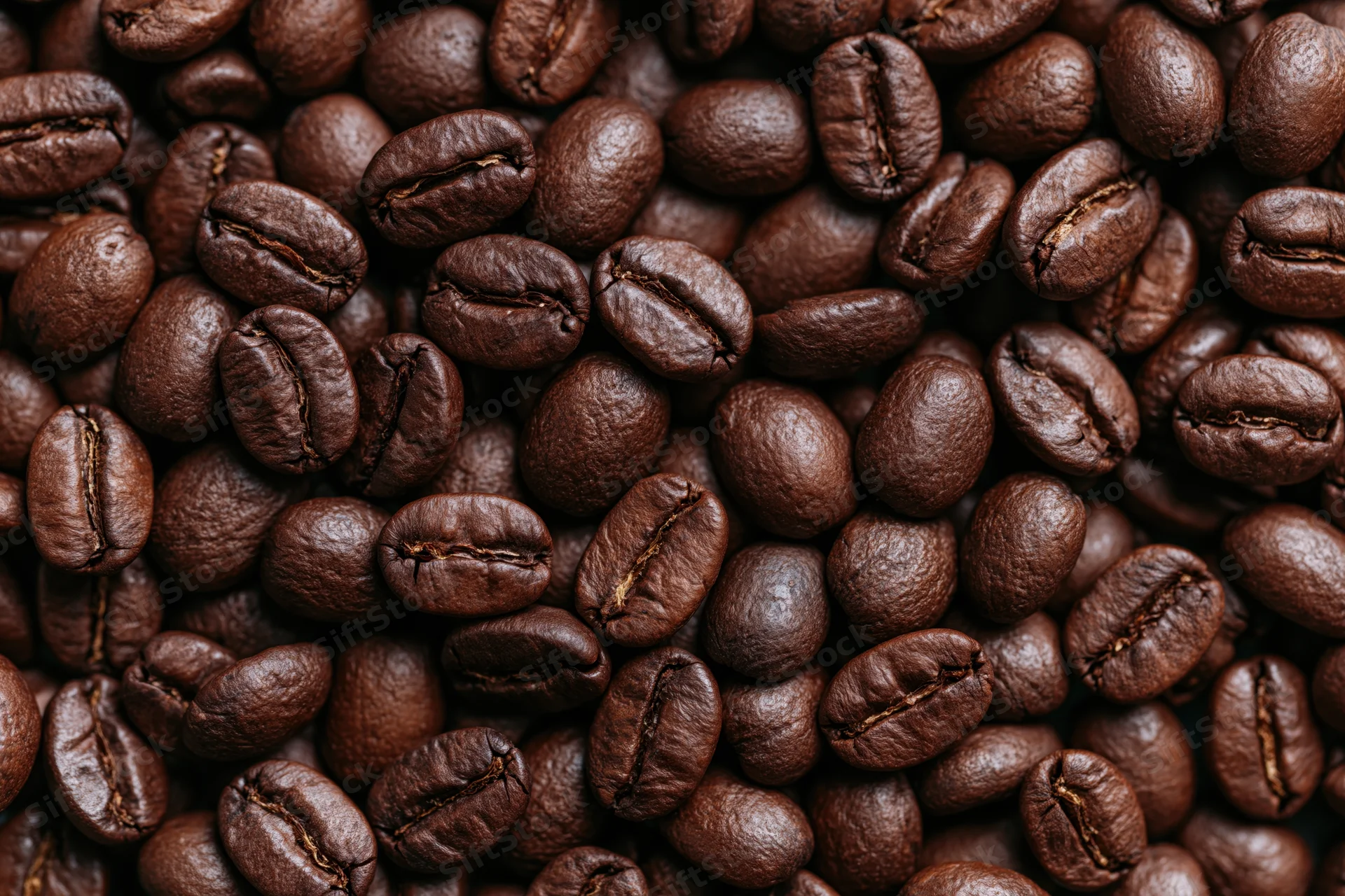 Closeup of dark roasted coffee beans filling the frame