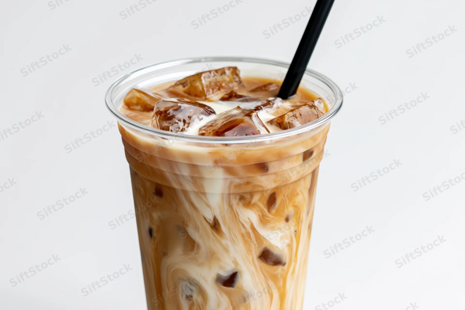 Iced coffee with cream swirling through ice cubes in a clear plastic cup with a black straw