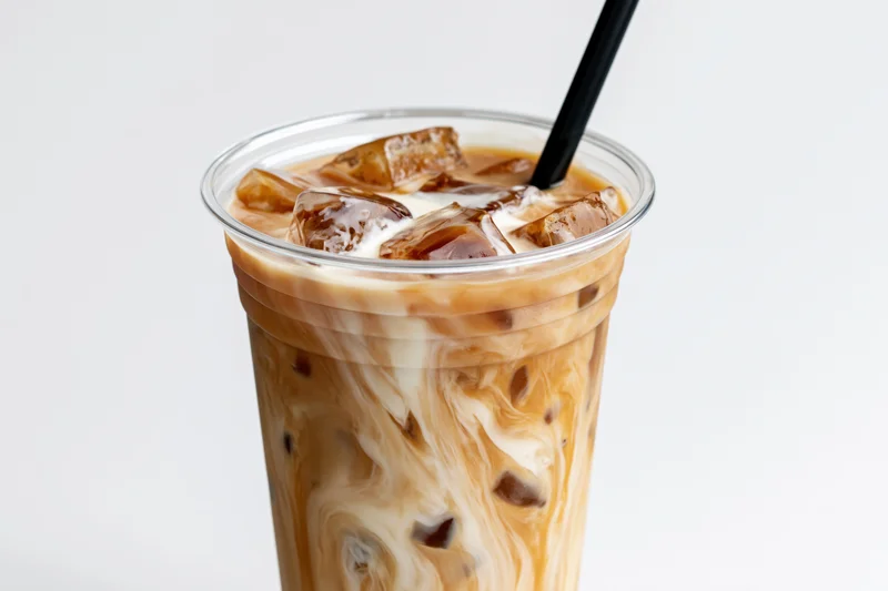 Iced coffee with cream swirling through ice cubes in a clear plastic cup with a black straw