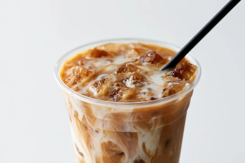 Iced coffee with cream swirling through ice cubes in a clear plastic cup with a black straw against a white background