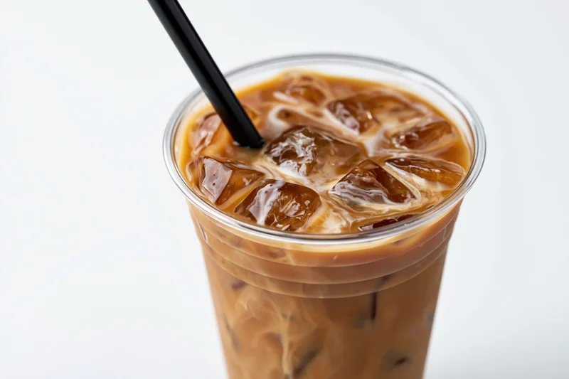 Iced coffee with cream swirling through ice cubes in a clear plastic cup with black straw on white background