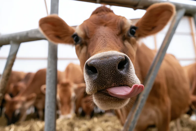 Jersey cow sticking tongue out toward camera in barn pen with hay and metal fencing