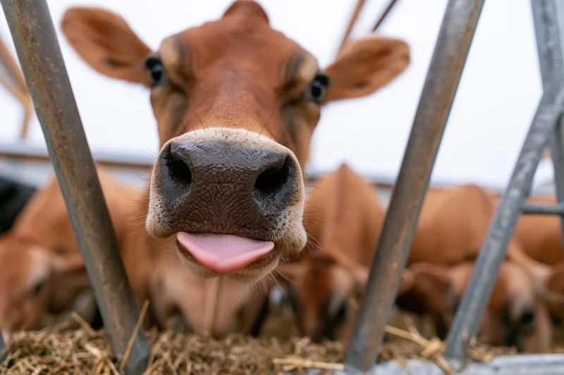 Jersey cow sticking tongue out through metal fence in barn with hay below