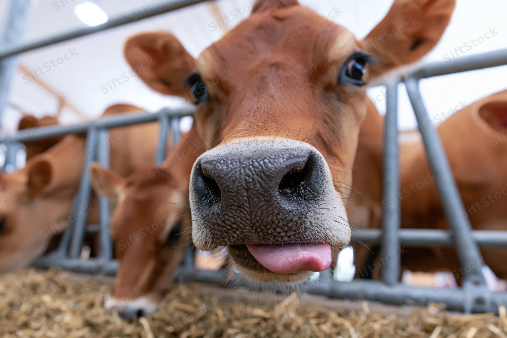 Jersey cow sticking tongue out toward camera in barn pen with hay and metal fencing