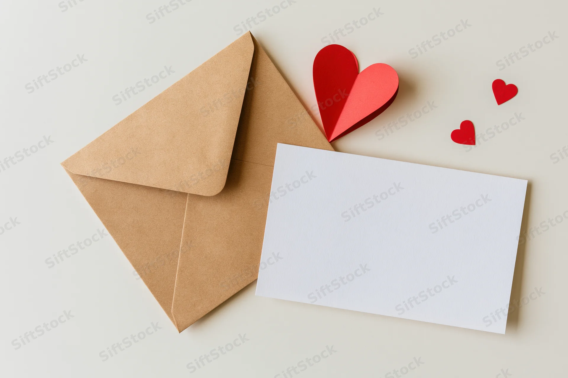 Kraft envelope and blank white card with red paper hearts arranged flat on light surface