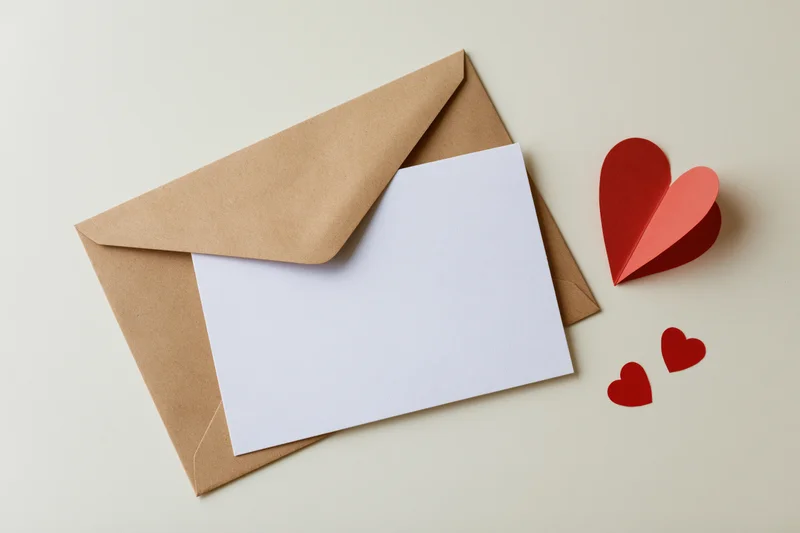 Kraft envelope with blank white card and red paper hearts arranged flat on light surface