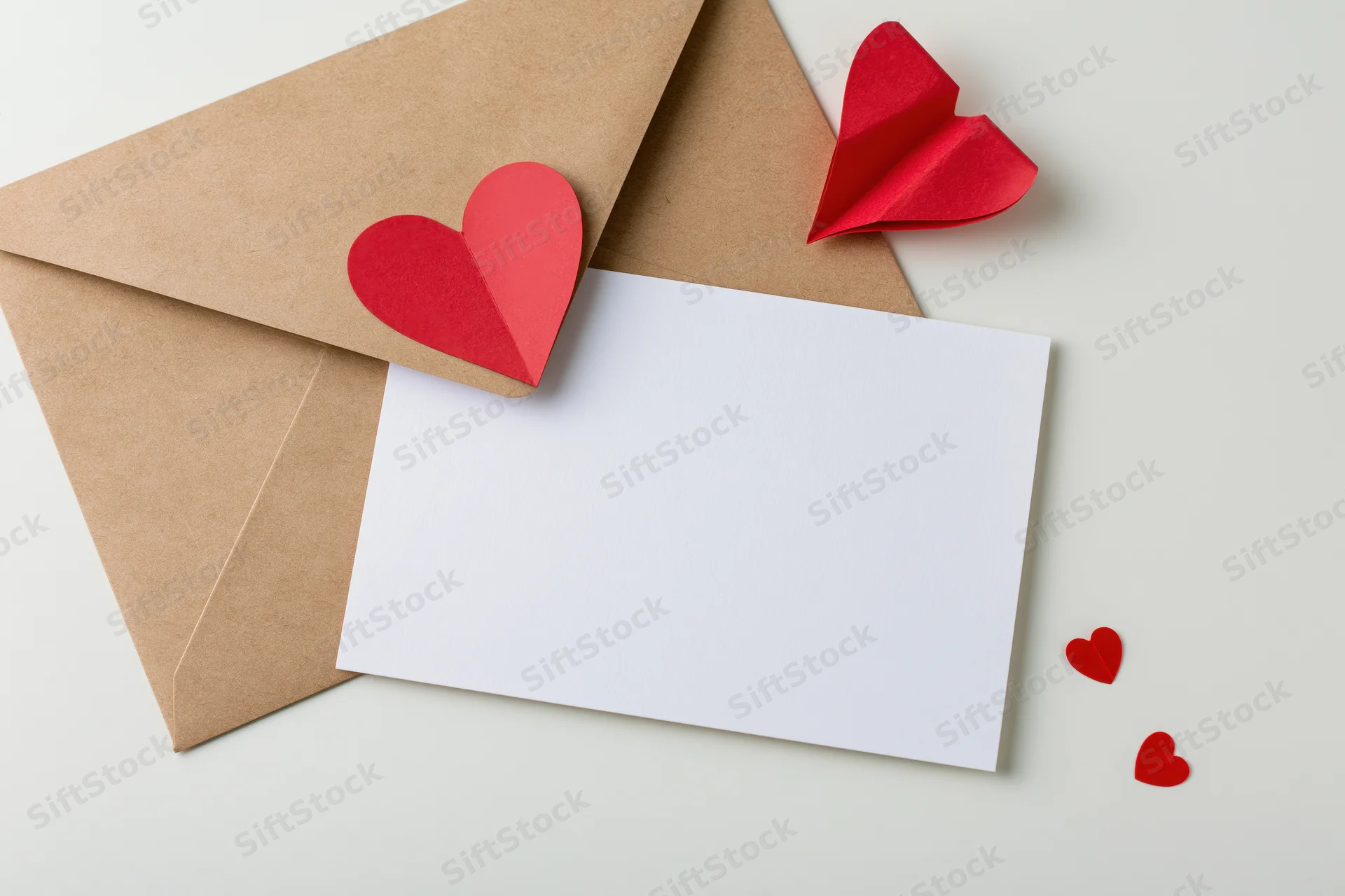 Kraft paper envelope with blank white card and red paper hearts arranged flat on light surface