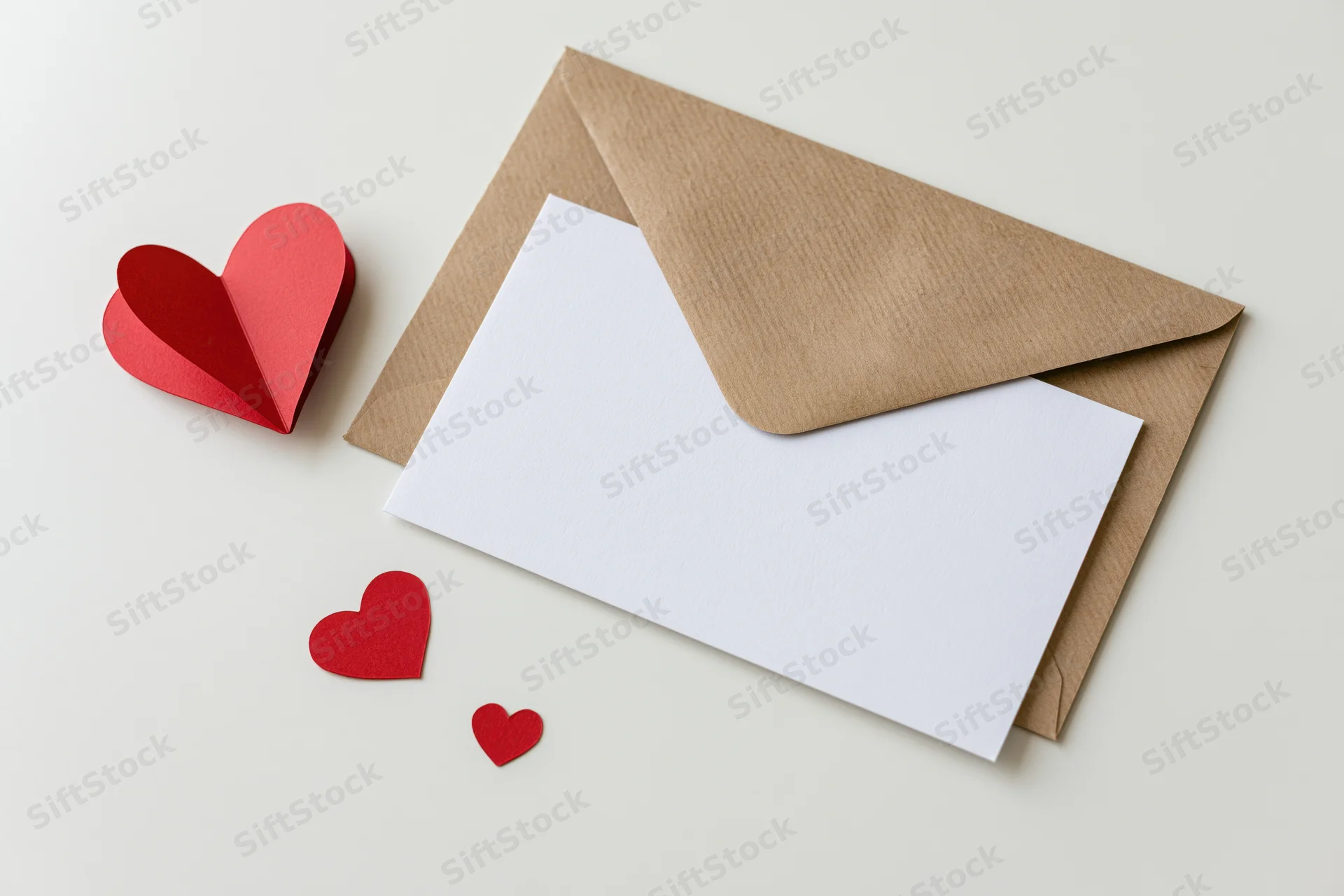 Kraft envelope with blank white card and red paper hearts arranged flat on light surface