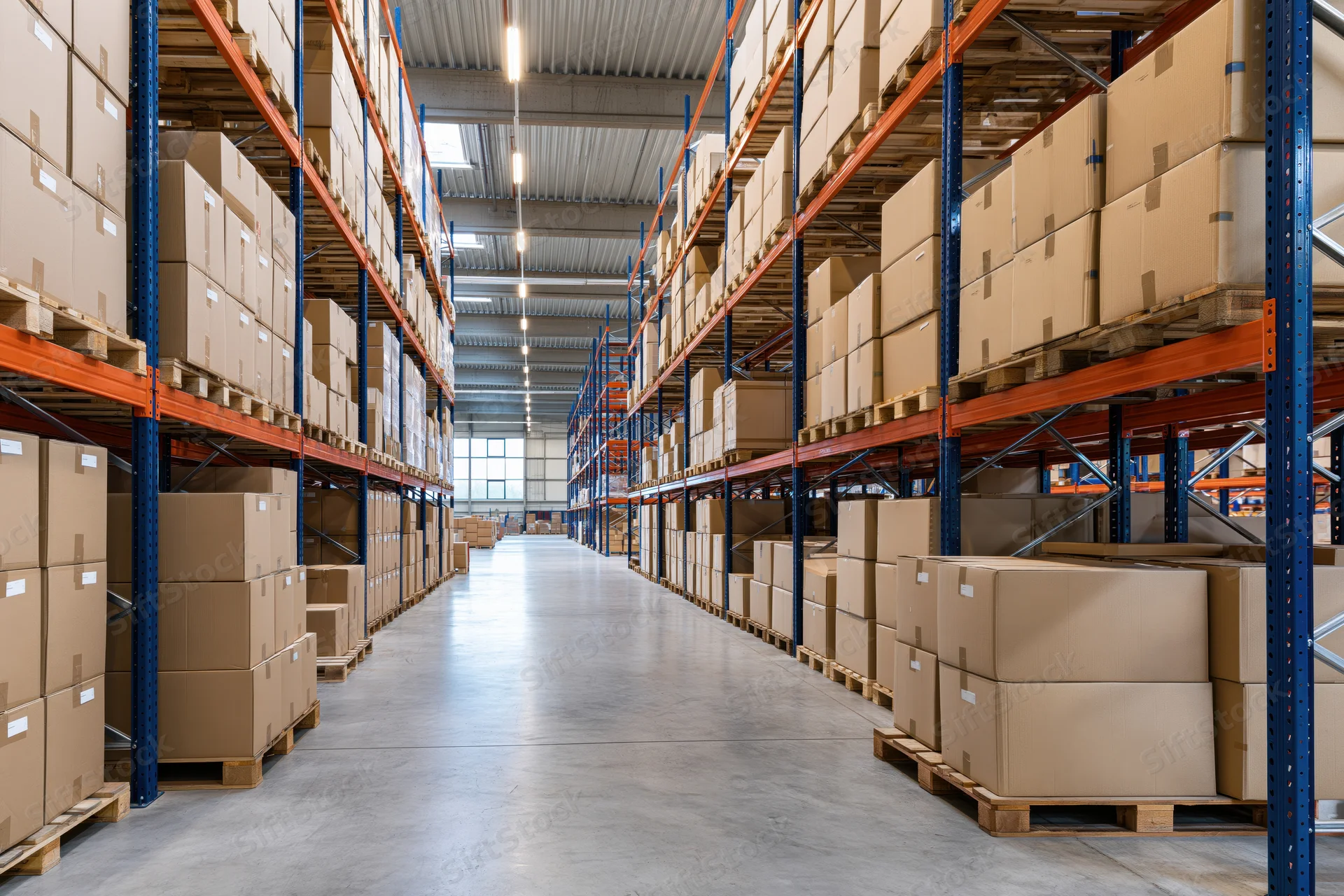 Long aisle in a large warehouse lined with tall metal shelves holding stacked cardboard boxes on pallets