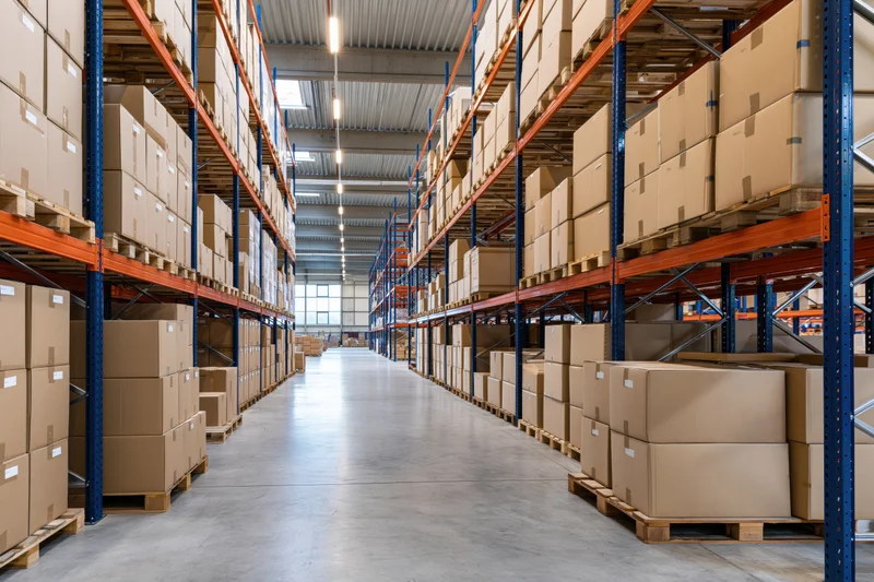 Long aisle in a large warehouse lined with tall metal shelves holding stacked cardboard boxes on pallets