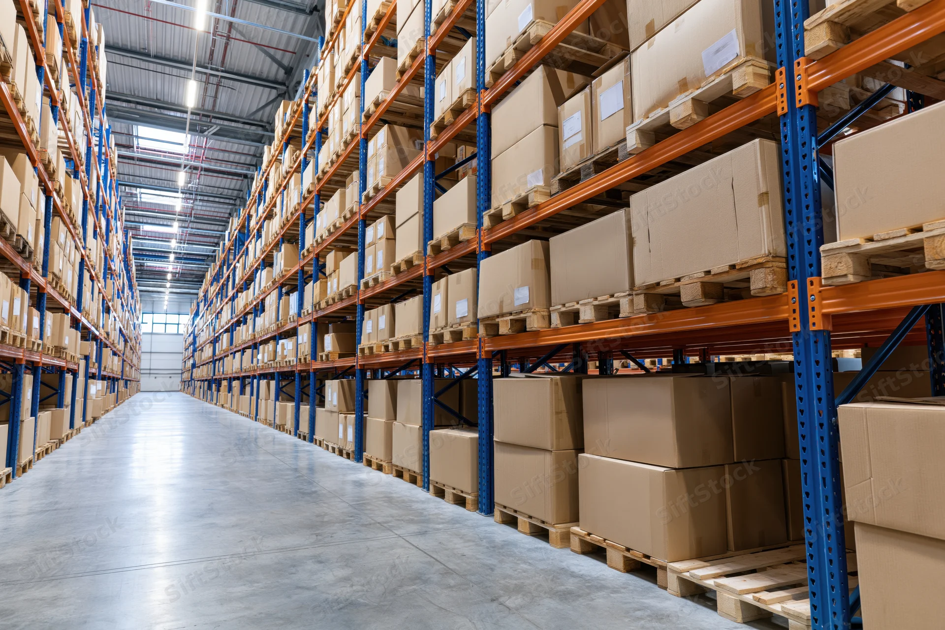 Tall metal racks filled with cardboard boxes on pallets in a large warehouse aisle