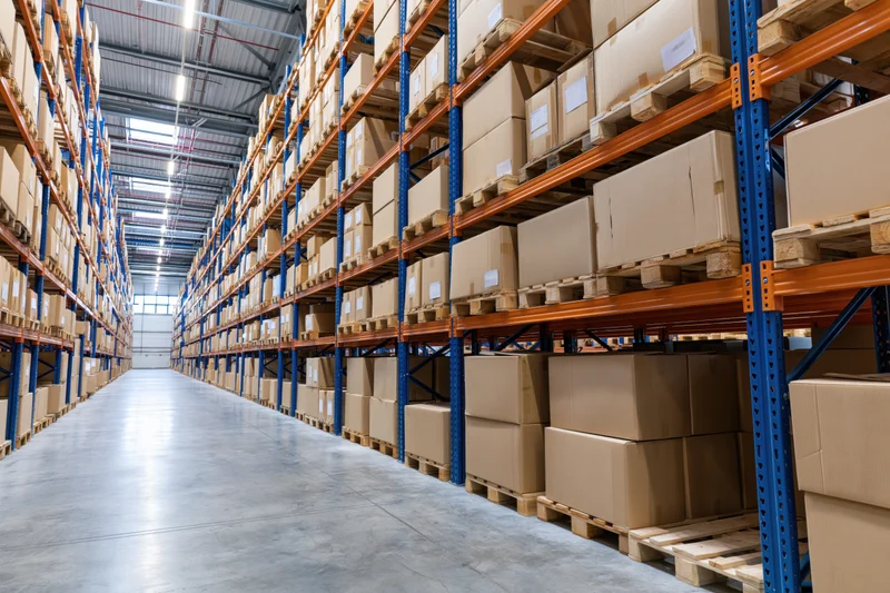 Tall metal racks filled with cardboard boxes on pallets in a large warehouse aisle