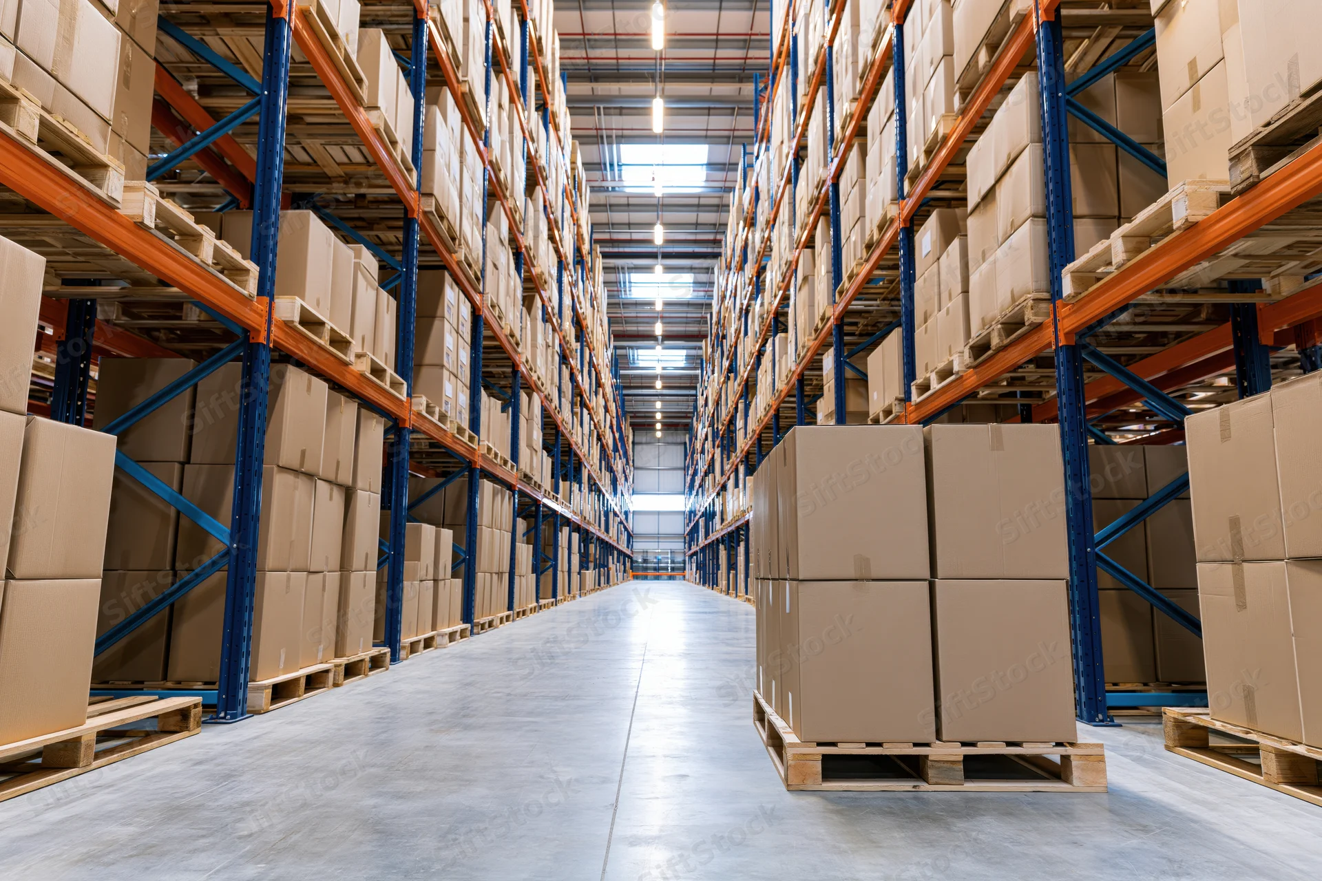 Long aisle in a large warehouse lined with tall metal shelving holding stacked cardboard boxes on pallets