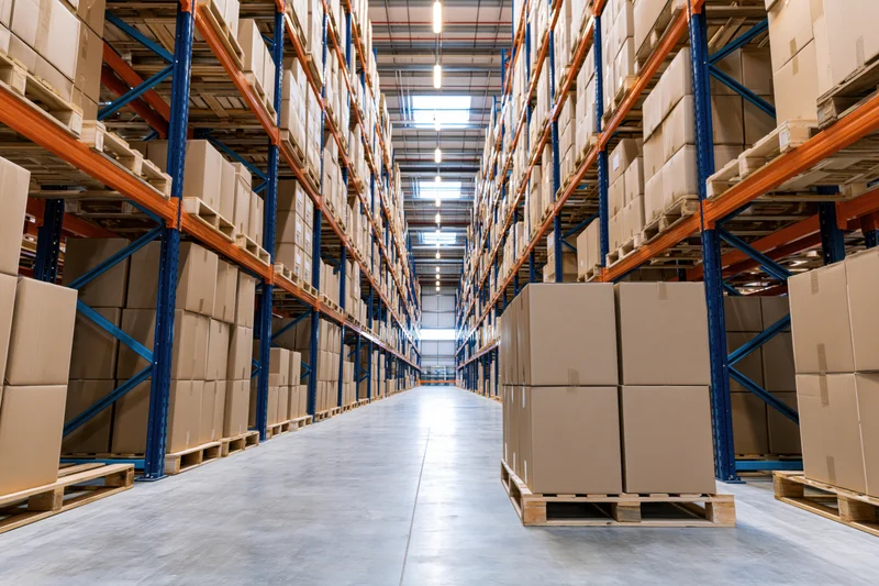 Long aisle in a large warehouse lined with tall metal shelving holding stacked cardboard boxes on pallets