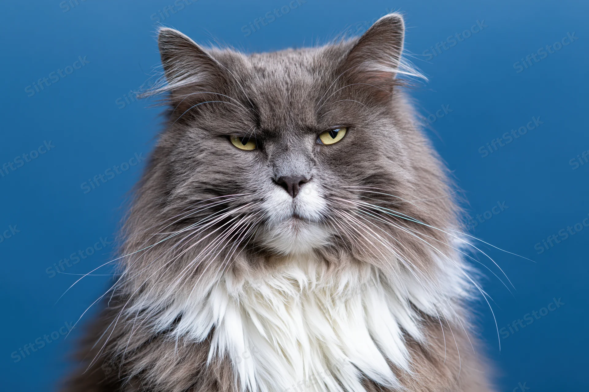 Long-haired grey and white cat staring directly at camera against blue background