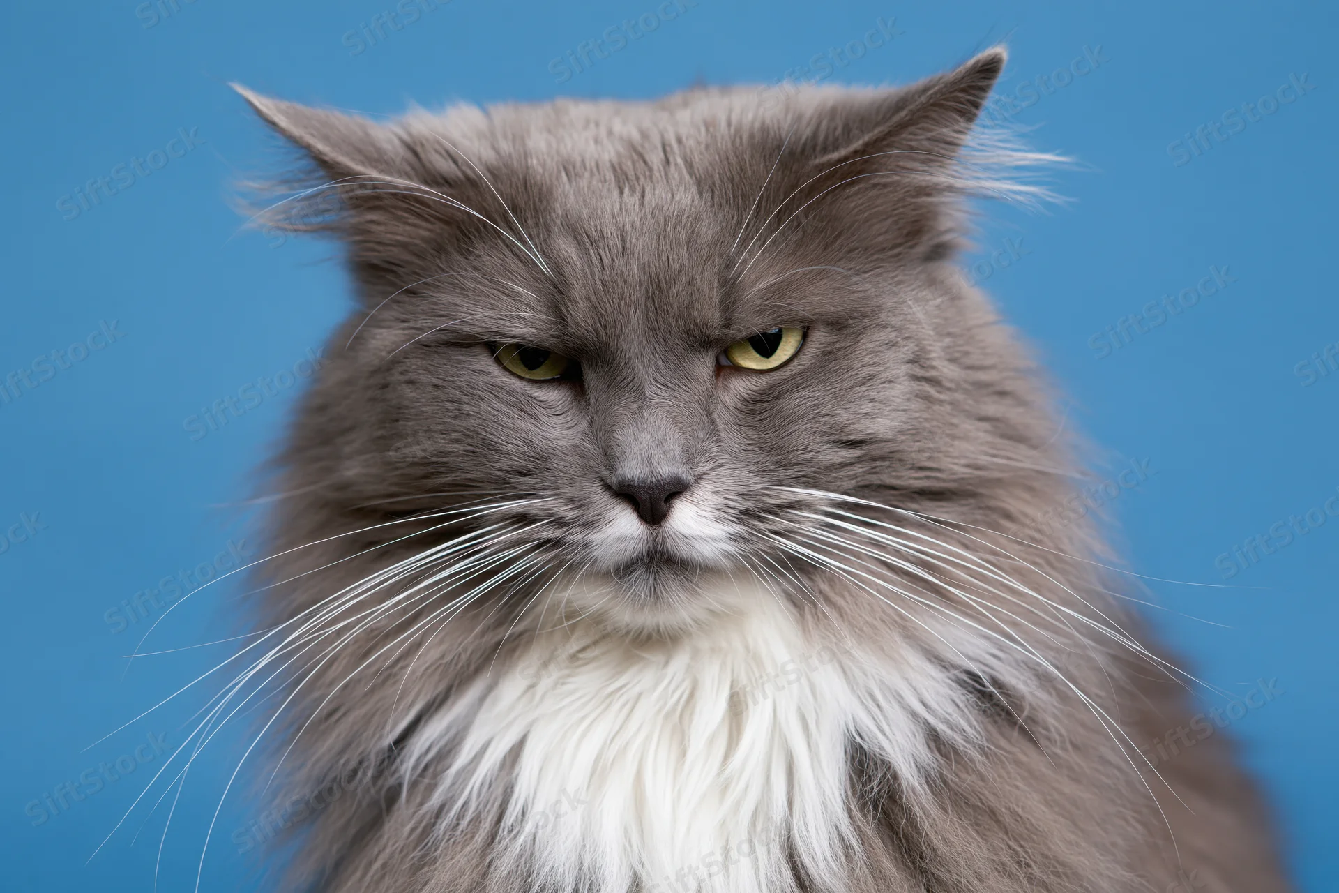 Grey and white long-haired cat staring directly at camera against blue background