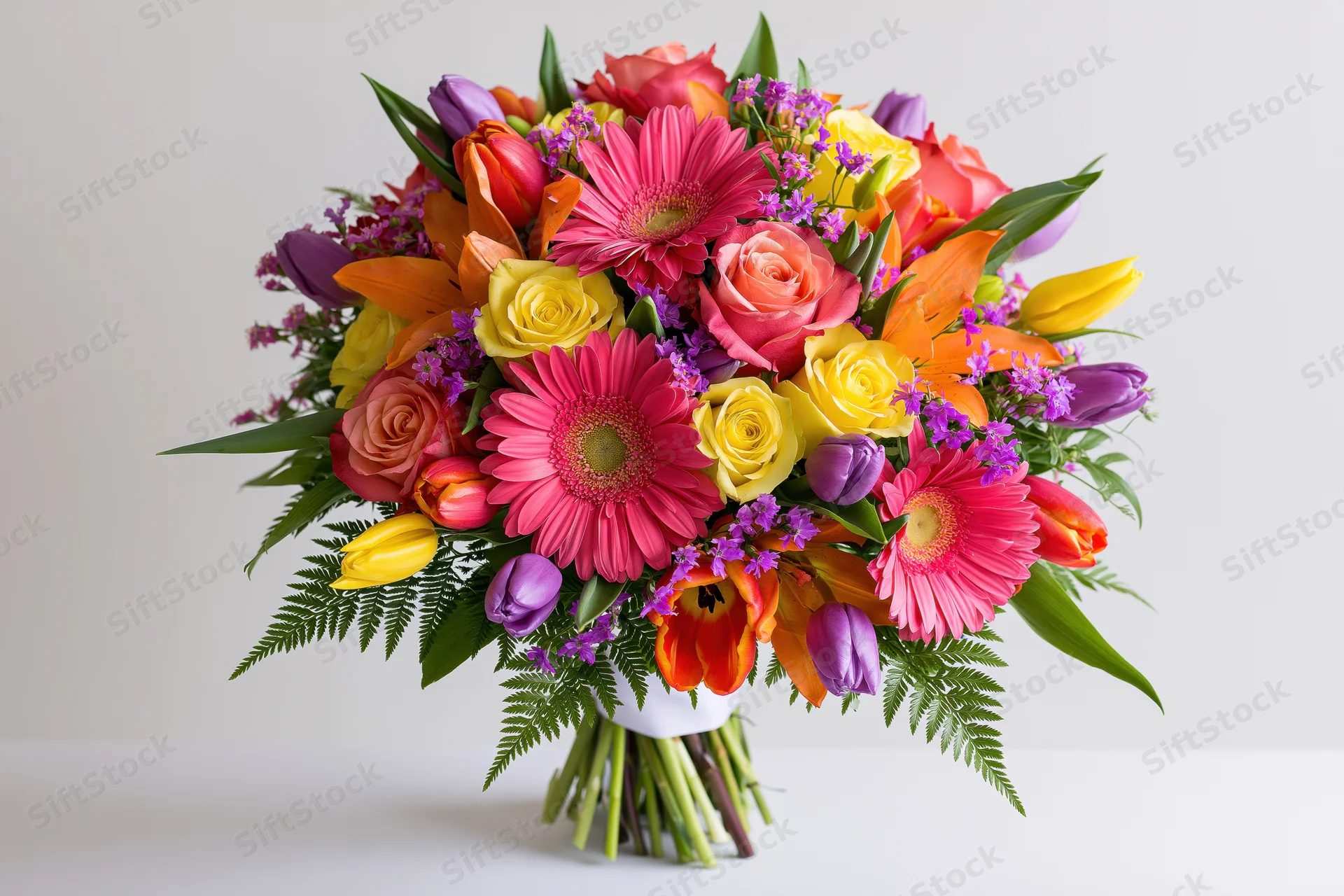 Colorful mixed flower bouquet arranged with roses, gerbera, tulips and greenery in a white vase on a white surface