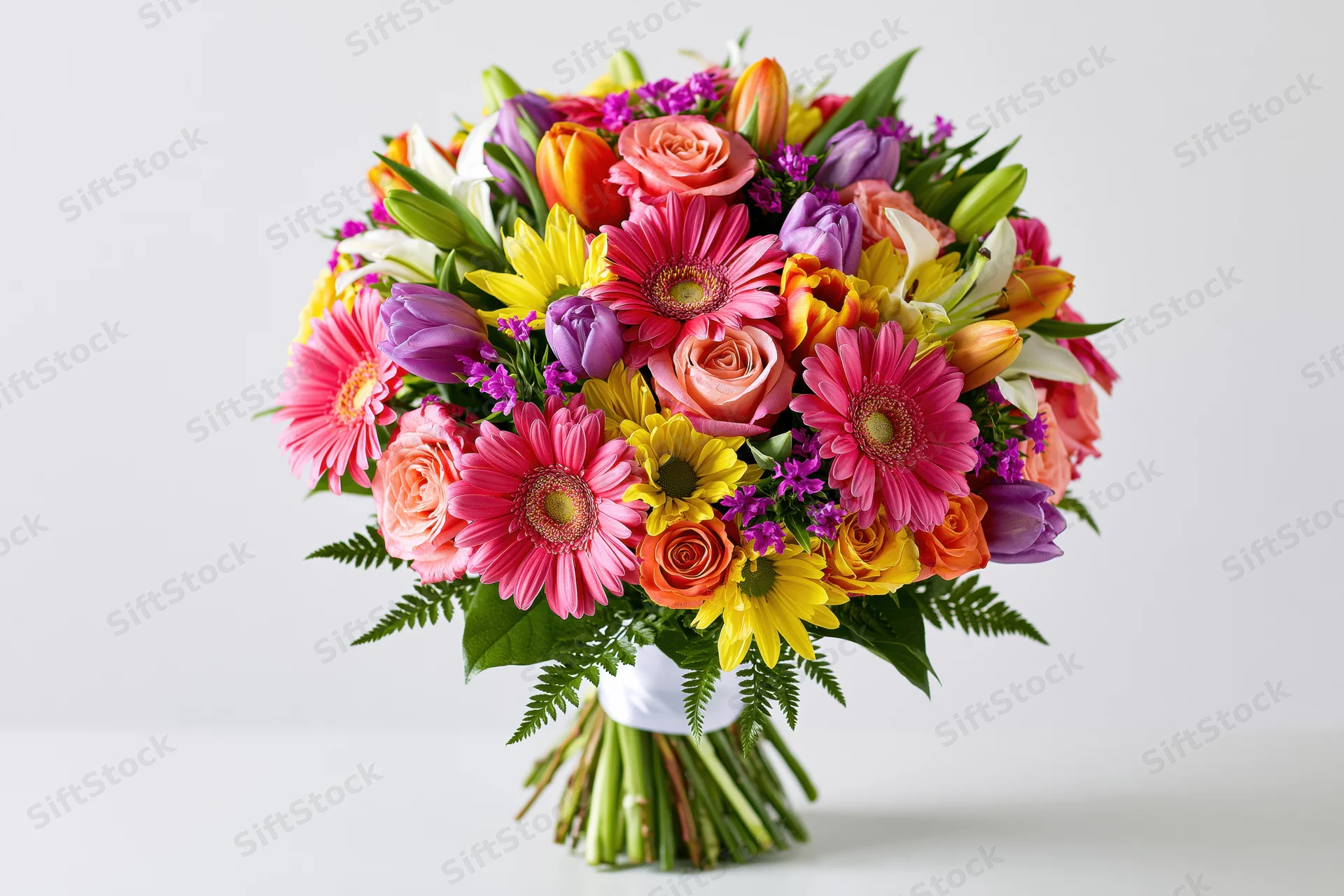Colorful mixed flower bouquet arranged densely with roses, gerbera, tulips and lilies on white background
