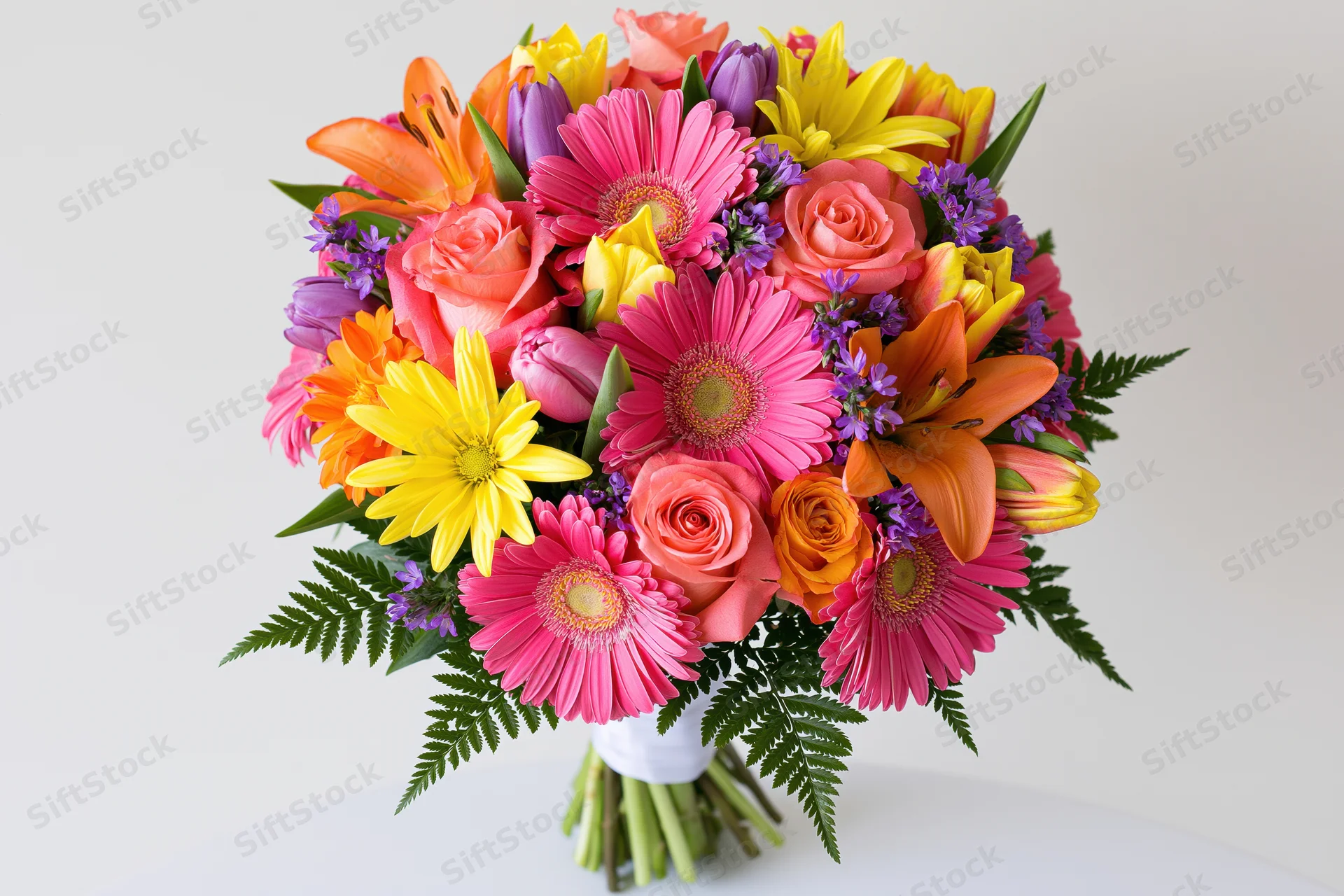 Colorful mixed flower bouquet arranged with roses, gerbera, lilies and ferns on white background