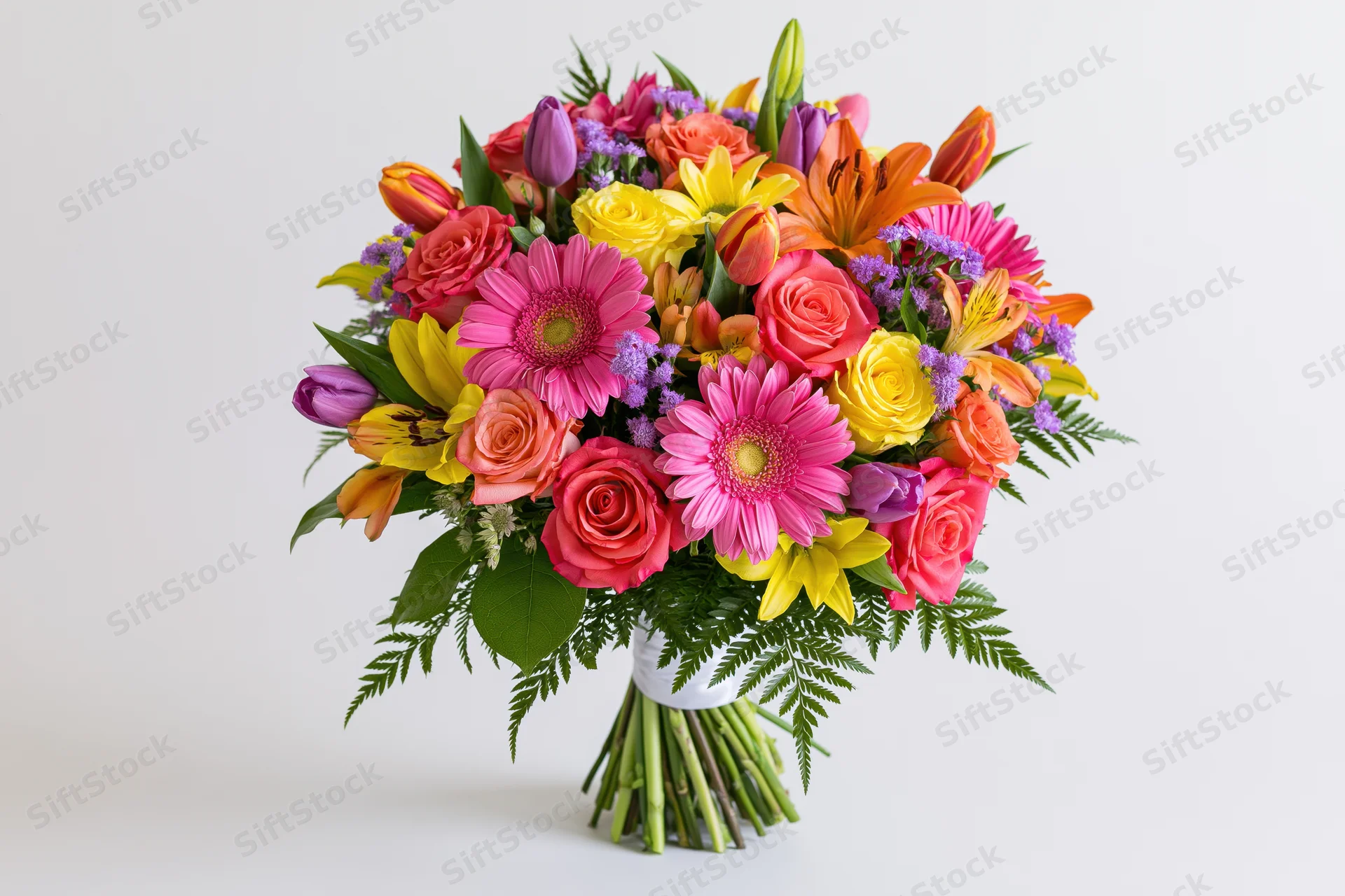 Colorful mixed flower bouquet arranged with roses, gerbera, lilies and tulips in white wrap on plain background