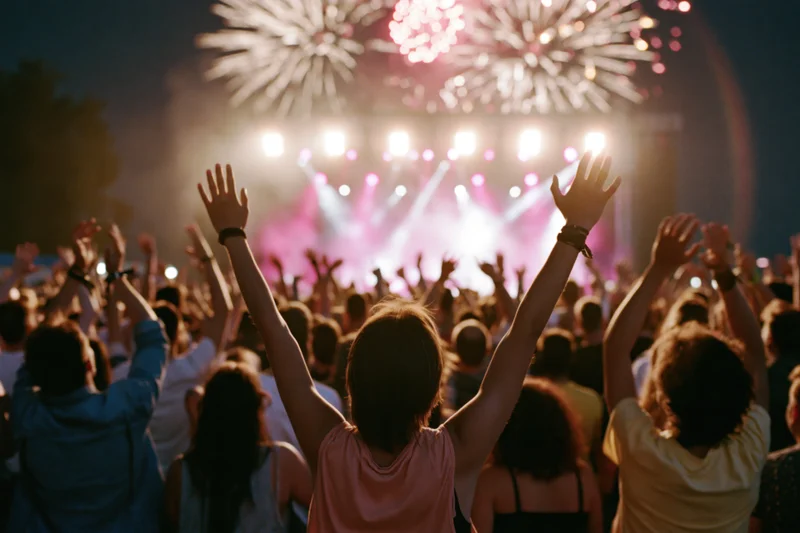 Crowd at outdoor concert with arms raised toward stage and fireworks at night