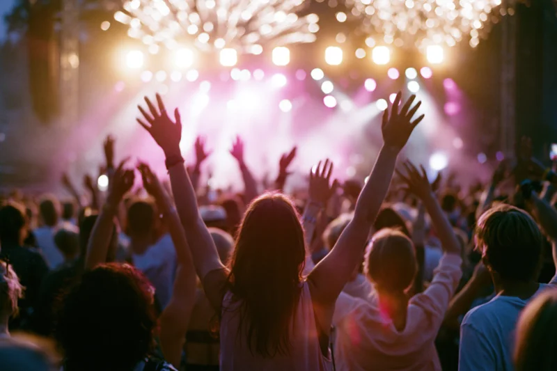 Crowd at outdoor concert with arms raised toward stage lights at night