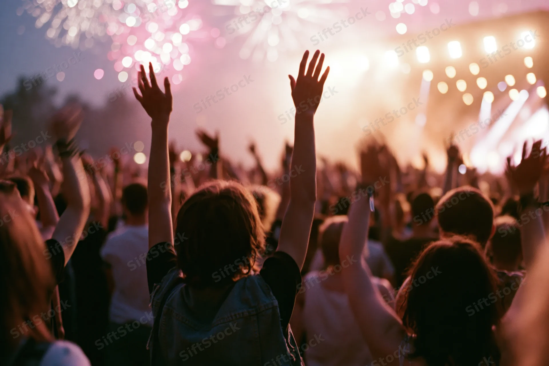 Crowd at outdoor concert with arms raised toward stage and fireworks in night sky