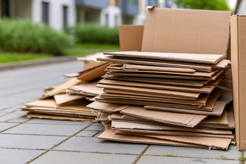 Flattened cardboard boxes stacked on a paved sidewalk outside a house