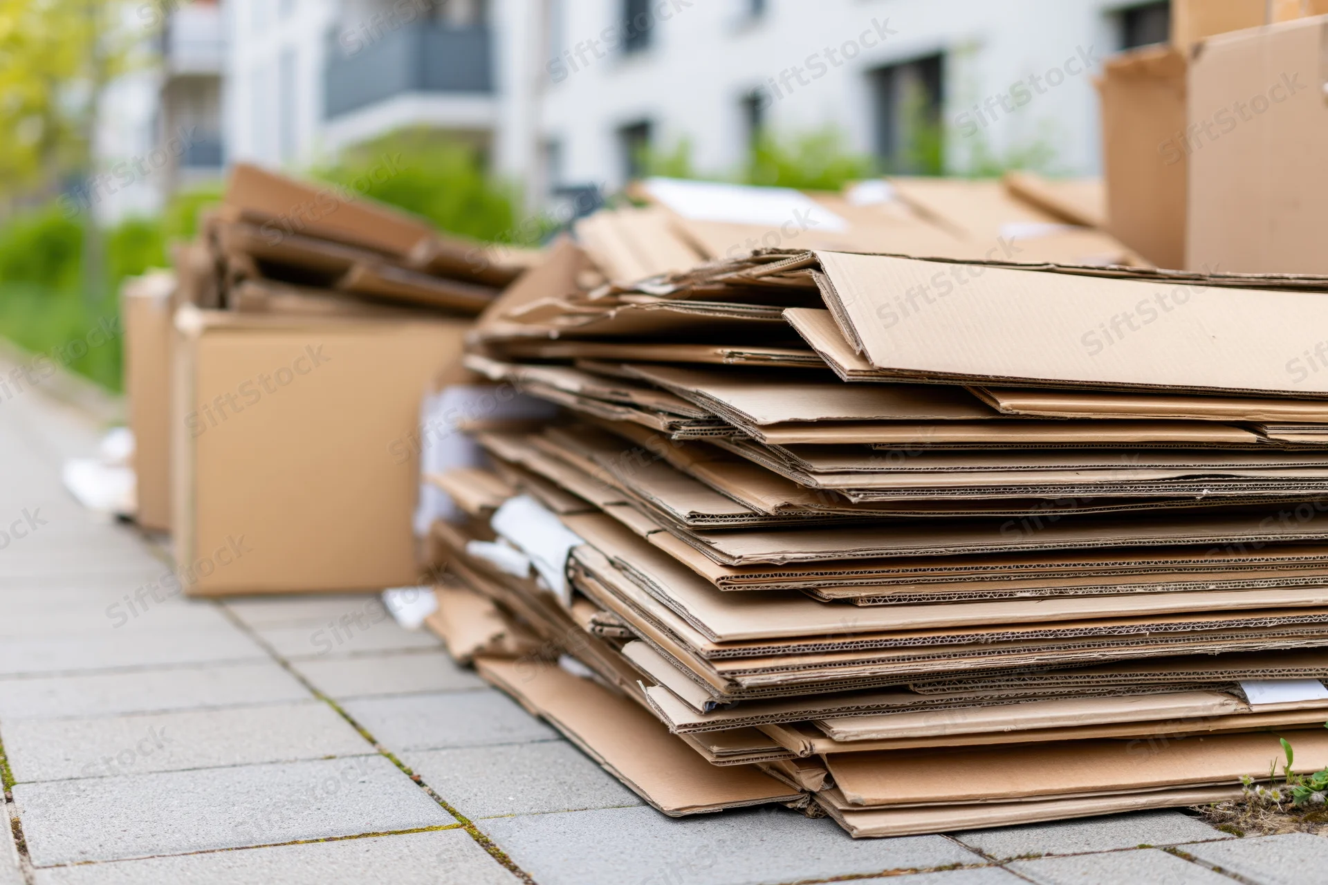 Flattened cardboard boxes stacked on a sidewalk outside a residential building